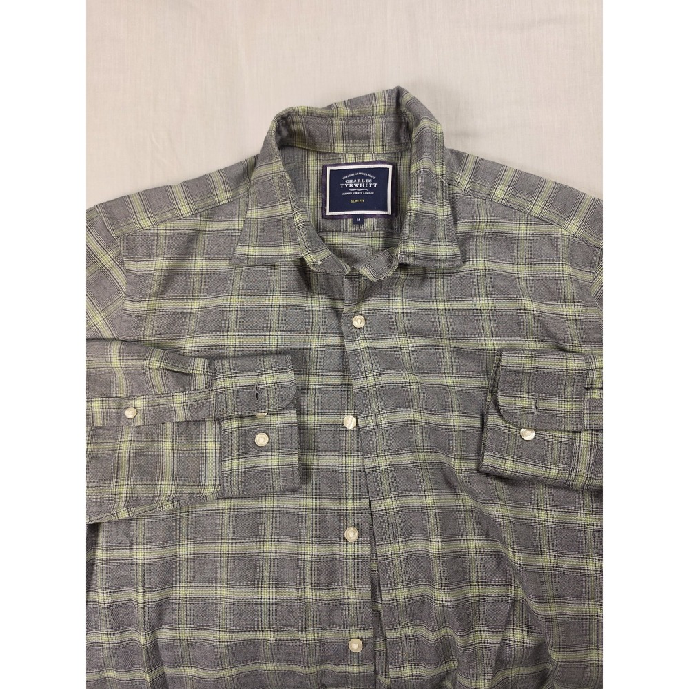 Charles Tyrwhitt Shirt Mens Medium Gray Plaid Long Sleeve Button Front Slim Fit